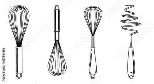 A vector illustration showcases a collection of culinary whisks, each with unique designs, perfect for baking and cooking-related projects, presented in a clean style.