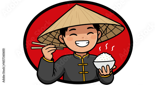 A cheerful cartoon illustration depicts an Asian chef wearing a conical hat, holding a bowl of steaming rice with chopsticks, set against a vibrant red circular backdrop.