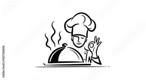 A smiling chef wearing a classic toque presents a steaming covered dish while giving an "okay" hand gesture in a clean vector illustration.
