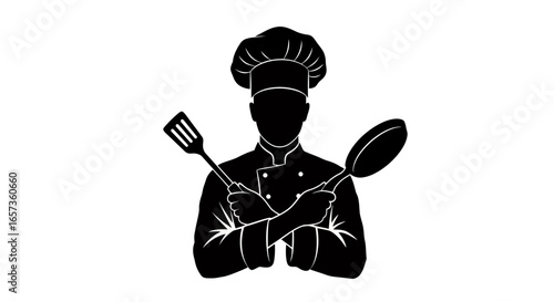 Silhouette of a chef wearing a tall hat and uniform, holding a spatula and frying pan, ready for culinary work.