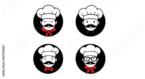 A set of four minimalist vector chef avatars, each proudly wearing a classic white hat, a distinguished mustache, and a vibrant red neck accessory.