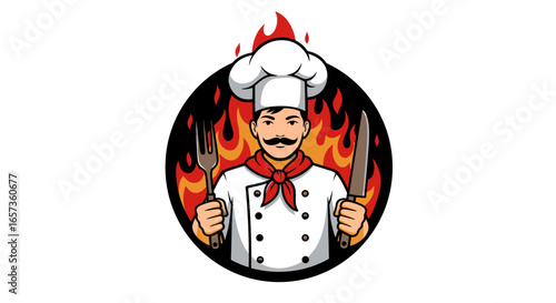 A confident male chef, wearing a classic white hat and uniform, holds a fork and knife within a fiery circular emblem, ideal for culinary branding.