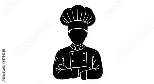A professional chef silhouette wearing a traditional toque and uniform stands with arms crossed, depicted as a clean vector graphic.