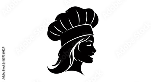 An elegant black and white vector silhouette of a smiling woman wearing a classic chef hat, ideal for culinary branding and design.