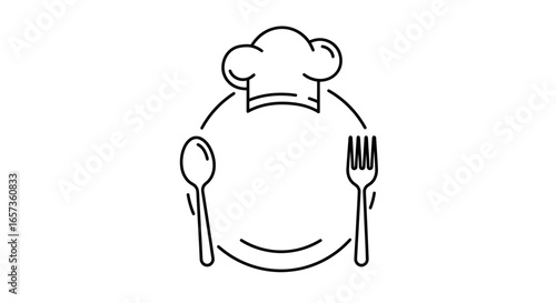 Vector illustration of a chef hat on a plate with a spoon and fork, perfect for restaurant menus, culinary websites, or cooking blogs.  High-quality PNG for easy use in your designs. Download this