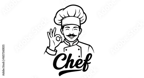A smiling male chef wearing a classic hat and uniform makes an 'OK' gesture, presented as a stylish monochrome vector illustration with the word 'Chef'.
