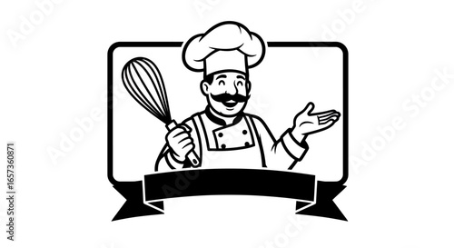 PNG vector illustration of a happy chef in a hat holding a whisk, perfect for restaurant logos, food blogs, and culinary websites.  The image is easily adaptable for various branding projects and