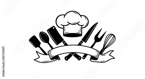 High-quality vector PNG image of a chef's hat with crossed kitchen knives, spoons, and spatula, perfect for restaurant logos, culinary websites, or food-related designs.  The image includes a
