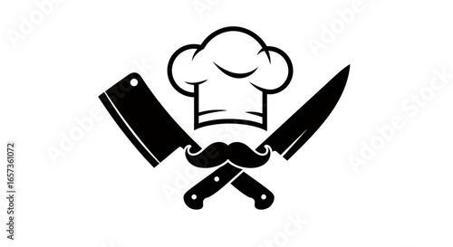 PNG vector graphic of a chef's hat, mustache, cleaver, and chef's knife, perfect for restaurant logos, food blogs, and culinary websites needing a simple yet professional design element.