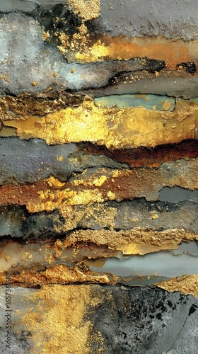 Abstract artwork of layered, textured gold and gray