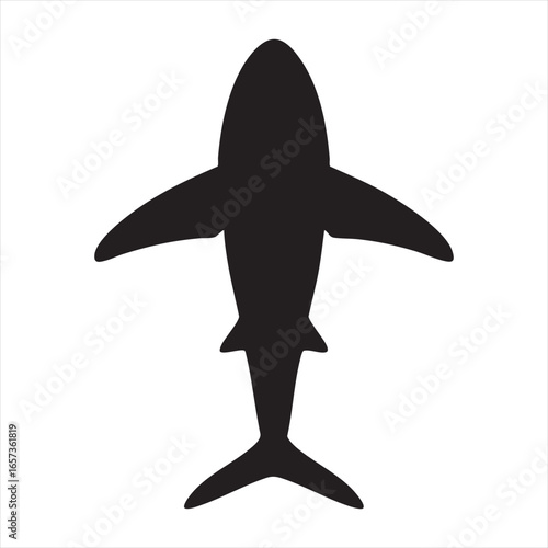 A stark black silhouette of a shark viewed from directly above, showcasing its iconic dorsal and pectoral fins