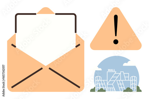 Open envelope with paper, exclamation mark in warning triangle, and shopping mall illustration. Ideal for communication, alert, commerce, caution, correspondence safety retail. Simple flat metaphor