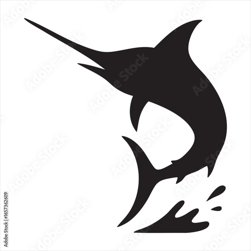 A dynamic black silhouette of a swordfish leaping out of the water, showcasing its powerful form and distinctive bill