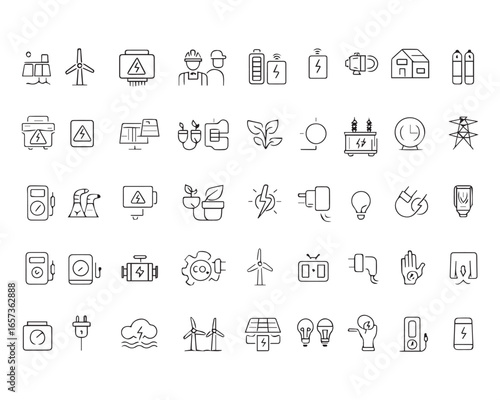 Set of line icons related to energy, electrical energy, electricity. Outline icon collection