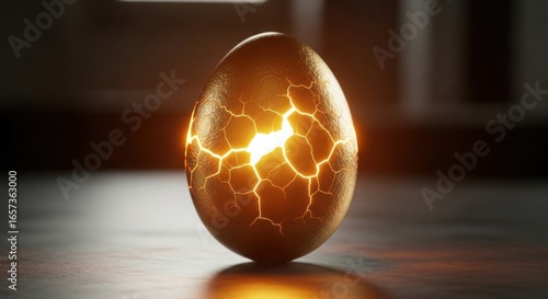 Golden egg cracked with glowing light inside, opportunity concept, high resolution, professional style