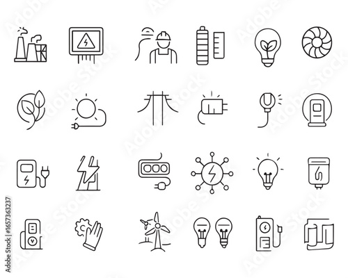 Set of line icons related to energy, electrical energy, electricity. Outline icon collection