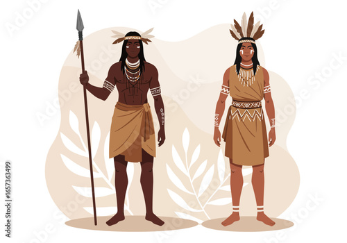 Two Indigenous People with Spear - Traditional Attire and Abstract Foliage