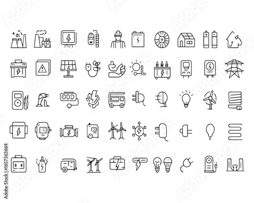 Set of line icons related to energy, electrical energy, electricity. Outline icon collection