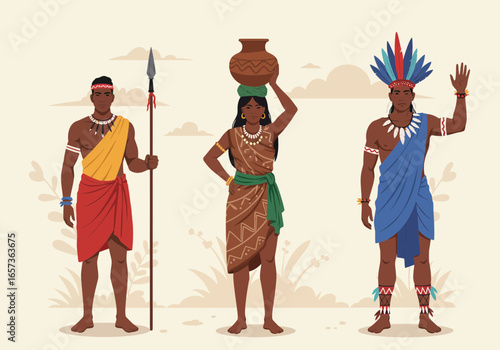 Diverse Indigenous People - Man with Spear, Woman with Pot - Vector Illustration