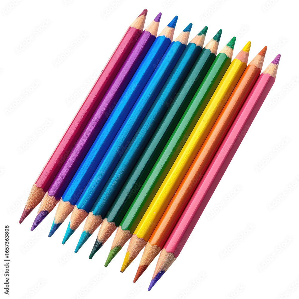 Fototapeta premium and keyword list based on the image, following your specifications.. Colorful Pencils Lined-Up, Angled on Plain Background for Art Supply Store.