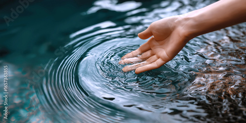 female hand touches the clear transparent water in the river. Fresh clean water in natural pond in nature