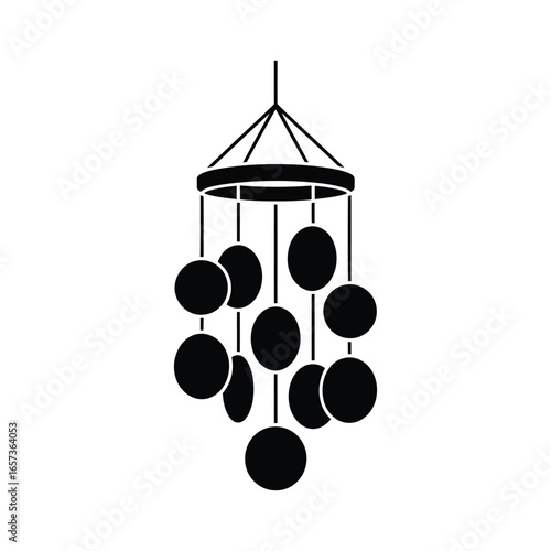 Black silhouette vector illustration of a hanging wind chime with round shapes