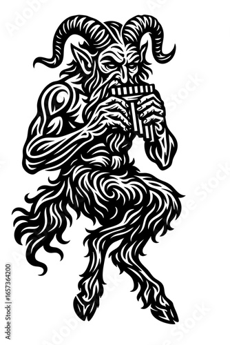 Tribal Satyr Faun – Mythical Goat Man Playing Pan Flute Vector Illustration
