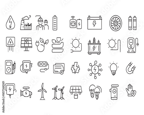 Set of line icons related to energy, electrical energy, electricity. Outline icon collection