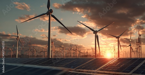 Wind turbines and solar panels at sunset (1)