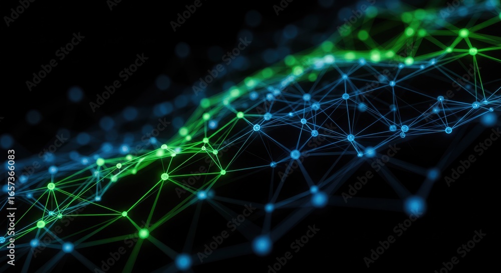 Obraz premium Abstract Network: Green and Blue Connected Nodes on Black Background