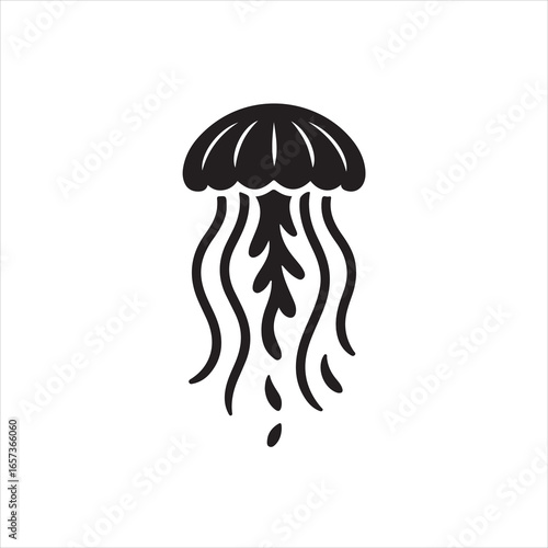 Black silhouette of a jellyfish with tentacles on a white background vector illustration