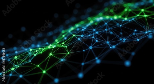 Abstract Network: Green and Blue Connected Nodes on Black Background