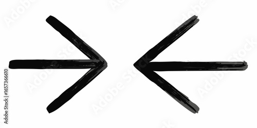 Vector two opposing black arrow symbols pointing towards each other on a white background with brush strokes