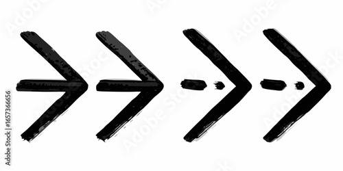 Vector four black brush stroke arrows pointing right with two arrows separated by short lines effect 100 char