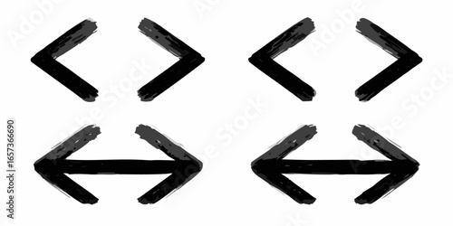 Vector four pairs of black brush stroke arrows pointing in opposite directions on a white isolated background