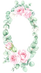 Oval floral frame with pink roses and eucalyptus