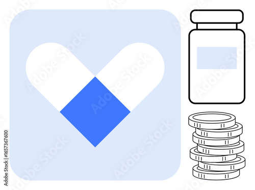 Capsule forming a heart, medicine bottle, and stacked coins symbolize healthcare affordability, pharmaceutical expenses, medical care economy, insurance, wellness, budgeting medication. Ideal