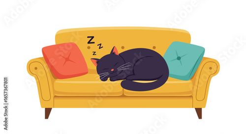 A peaceful black cat sleeping soundly on a cozy yellow sofa surrounded by colorful cushions creating a serene and relaxing atmosphere