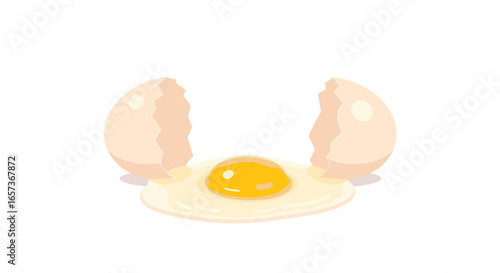 A cracked egg with a visible yellow yolk and albumen spreading on a white background