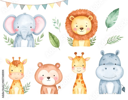 Cute watercolor animal illustrations; elephant, lion, giraffe, hippo, bear