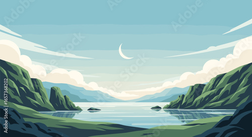 Tranquil waters embrace majestic mountains under a crescent moon in a serene natural landscape painting