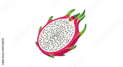 Vibrant dragon fruit cut in half revealing its white flesh and black seeds