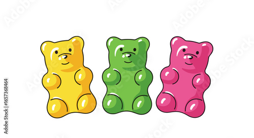 Three colorful gummy bears making an appearance in this fun illustration