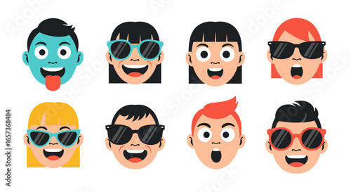 Collection of expressive cartoon faces featuring diverse emotions and sunglasses for vibrant design projects