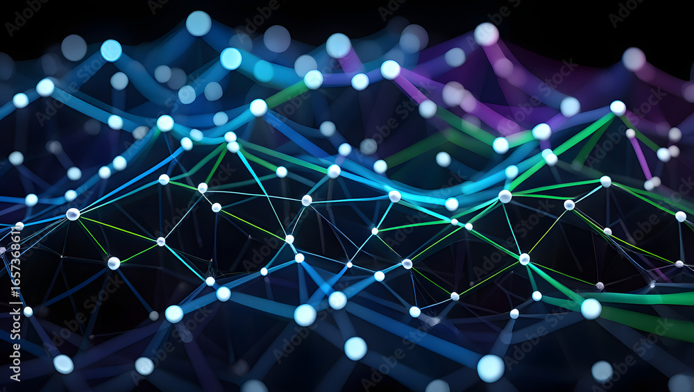 Obraz premium Digital Network: A mesmerizing illustration depicting a dynamic, interconnected network of luminous nodes and intricate lines, symbolizing the complex web of digital communication.