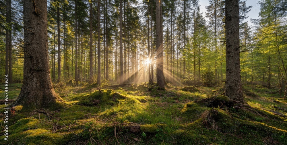 Obraz premium Sunlight streams through a mossy forest
