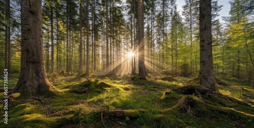 Sunlight streams through a mossy forest