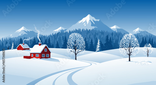 Snowy Winter Landscape with Red Cabin and Mountains