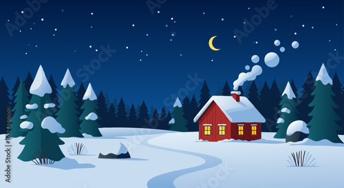 Cozy Winter Cabin Scene with Snowfall and Starlit Night Sky
