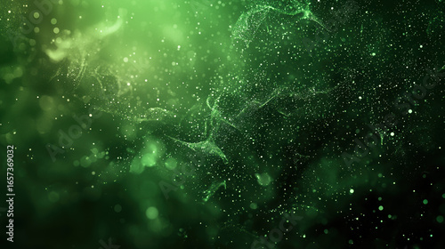 A green background with particles or elements randomly drifting in space. 